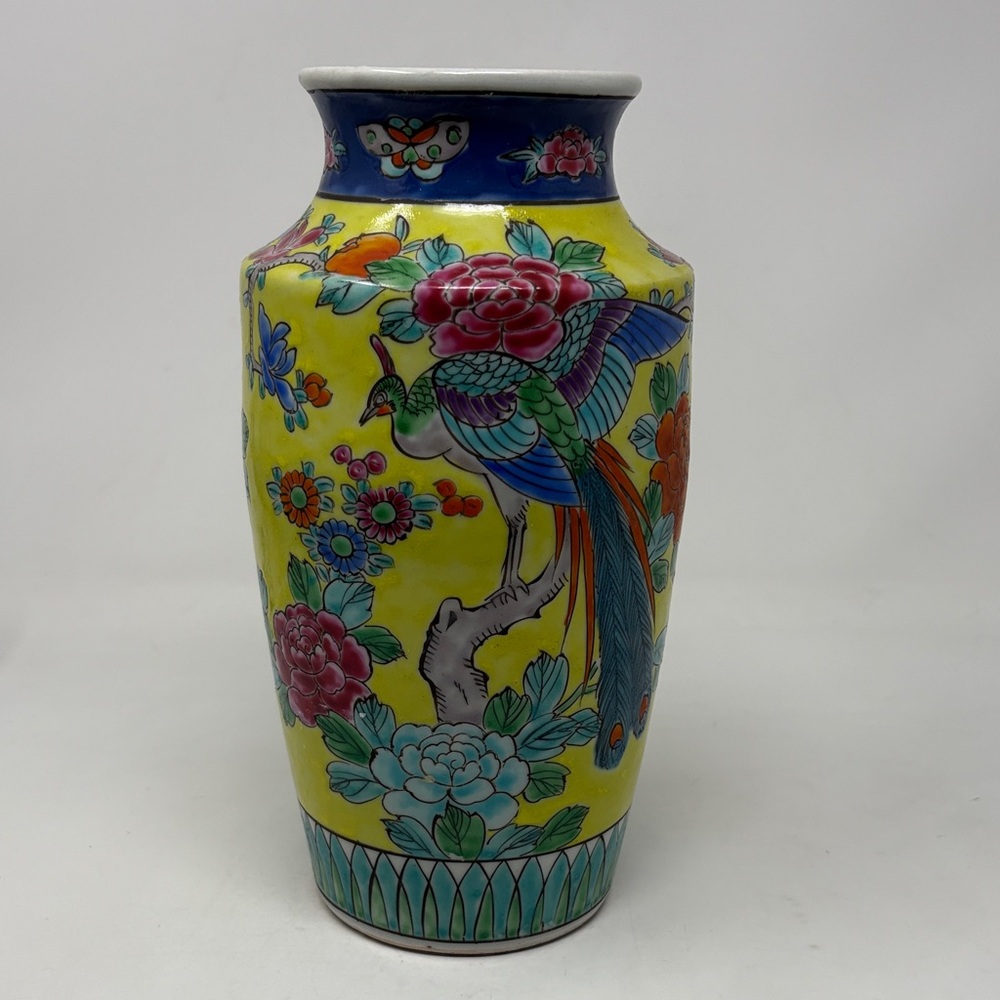 VINTAGE Made In Japan Hand Painted Floral Bird Vase 9.5"